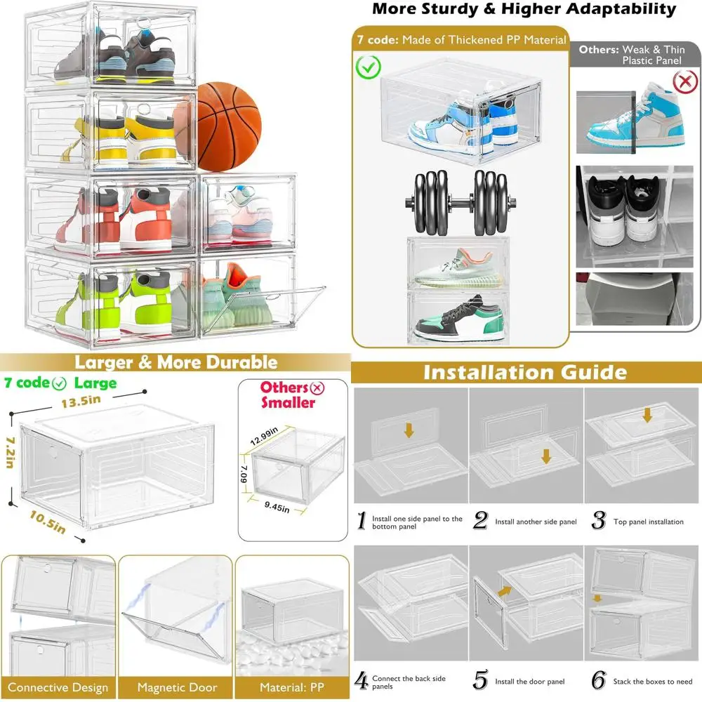 Sturdy Clear Shoe Organizer with Magnetic Closure, Stackable for Closet, Foldable Shoe Rack, 6-Pack Plastic Shoe Boxes, White.
Sturdy Clear Shoe Organizer with Magnetic Closure, Stackable for Closet, Foldable Shoe Rack, 6-Pack Plastic Shoe Boxes, White.
