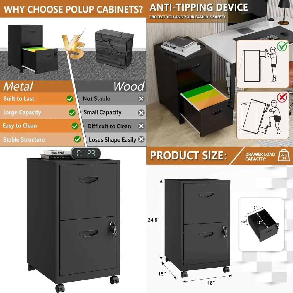Portable 2 Drawer Rolling File Cabinet with Lock, Under Desk Metal Storage, Letter Size - Assembly Required
Portable 2 Drawer Rolling File Cabinet with Lock, Under Desk Metal Storage, Letter Size - Assembly Required