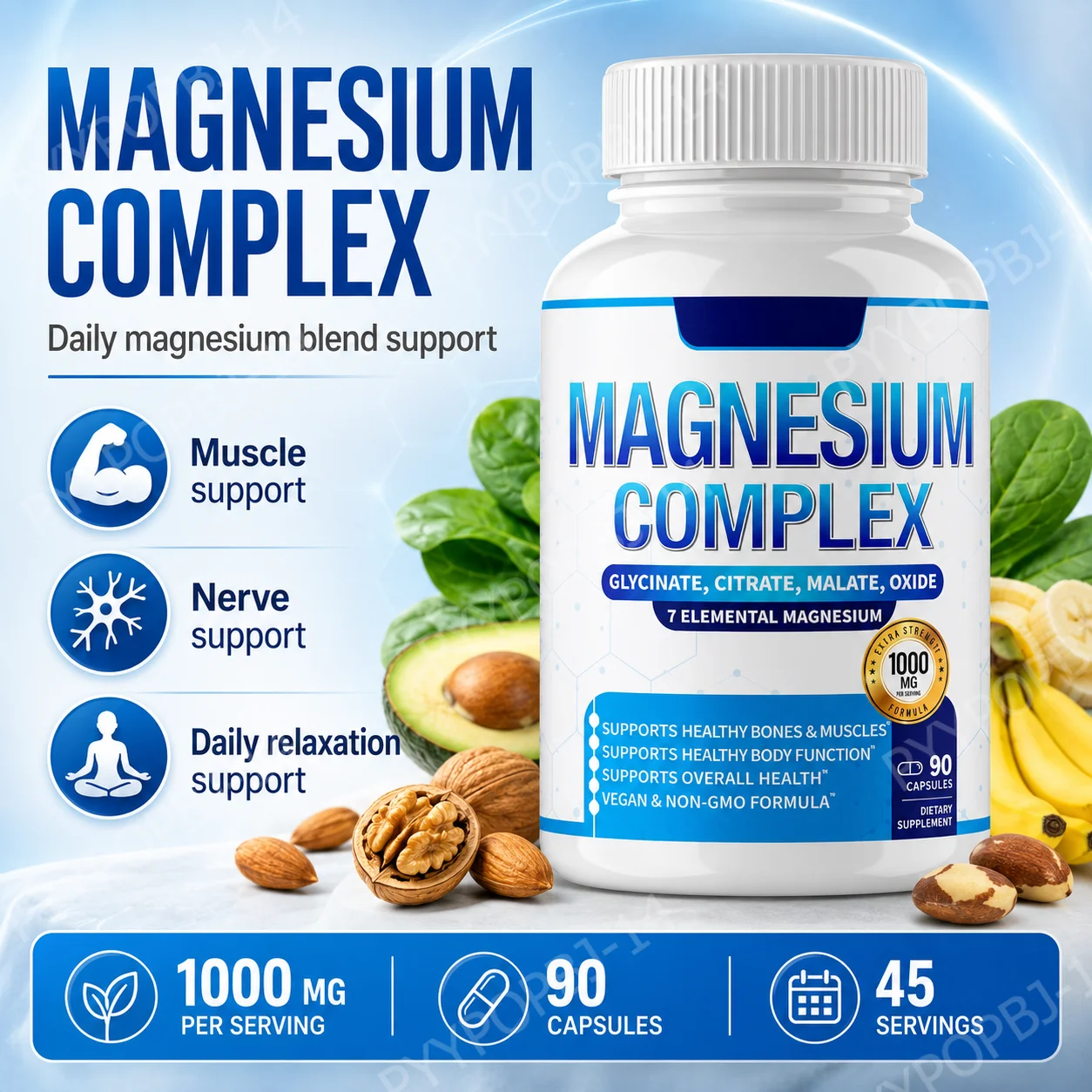 Magnesium Complex 1000mg with Glycinate Citrate Malate Oxide 7 Forms of Magnesium Supports Healthy Bones Muscles 90 Capsules
Magnesium Complex 1000mg with Glycinate Citrate Malate Oxide 7 Forms of Magnesium Supports Healthy Bones Muscles 90 Capsules