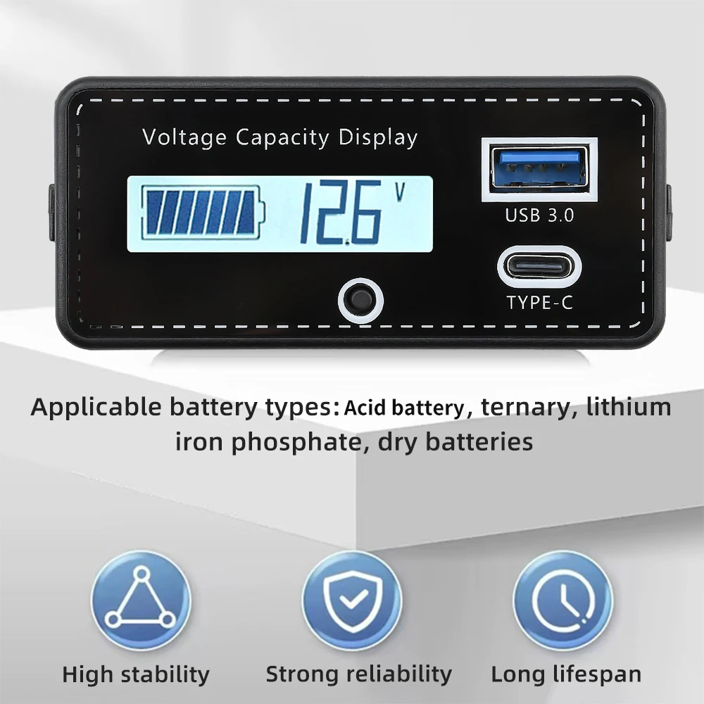 DC8-30V Lead-Acid Lithium Iron Battery Capacity Indicator Digital Voltmeter Voltage Tester Type-C and USB Interface
DC8-30V Lead-Acid Lithium Iron Battery Capacity Indicator Digital Voltmeter Voltage Tester Type-C and USB Interface