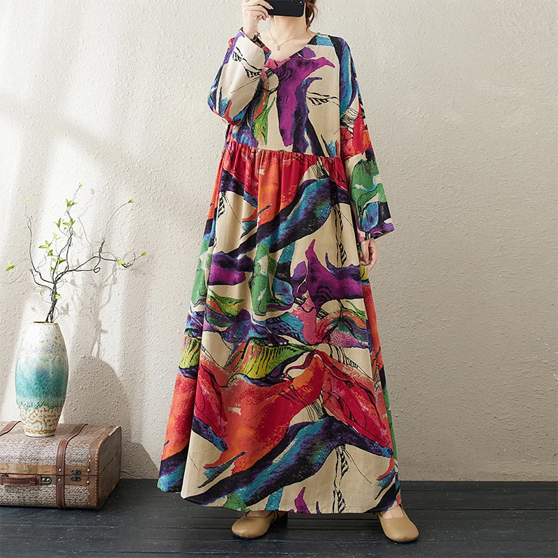 Loose Cotton Linen Long Sleeve round Neck Printed Dress Artistic Style plus Size Women's Spring Autumn Thickened Large Size
Loose Cotton Linen Long Sleeve round Neck Printed Dress Artistic Style plus Size Women's Spring Autumn Thickened Large Size