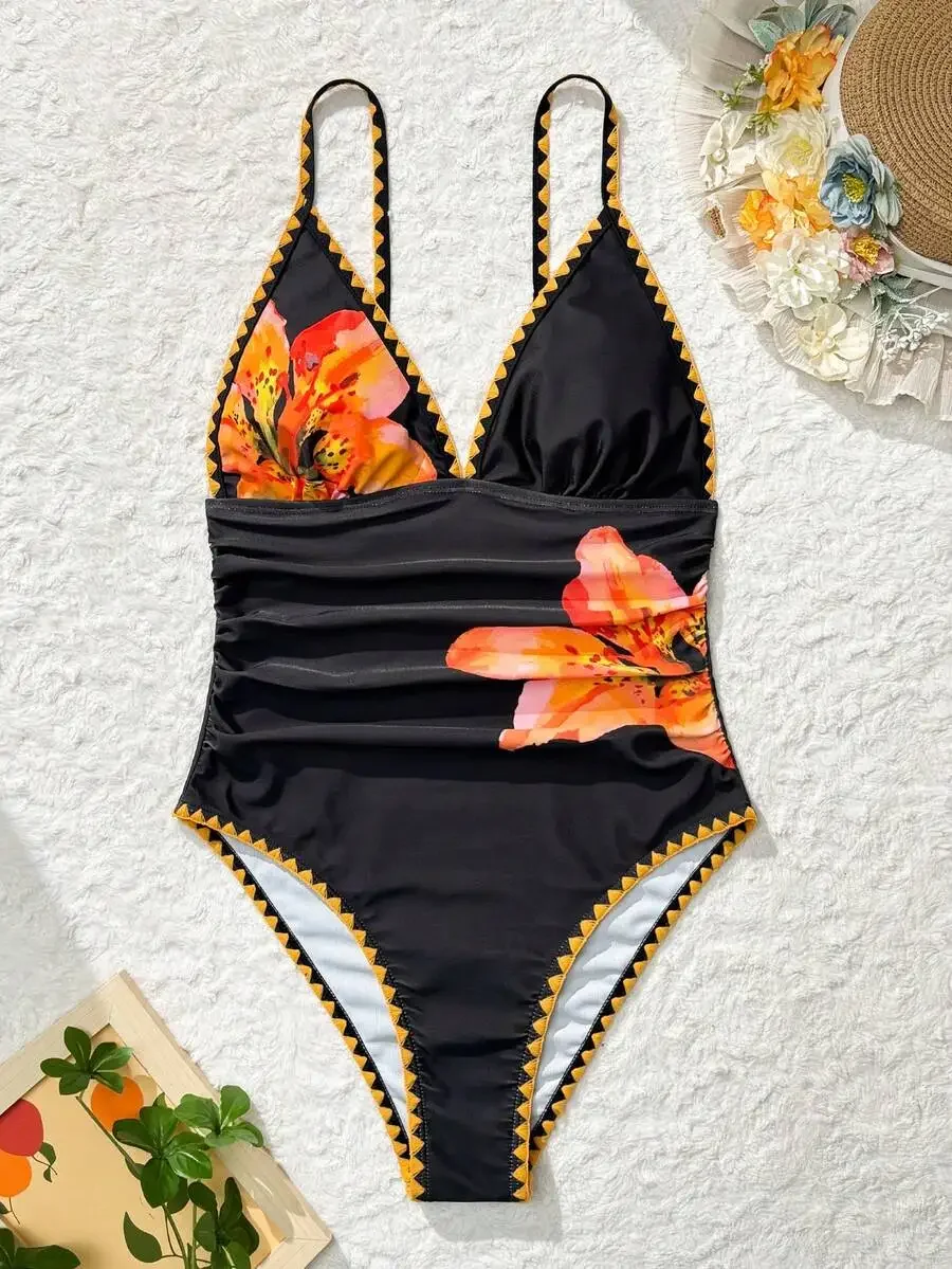 Women Adjustable Strap Floral Print Ruched High Neck One Piece Swimsuit
Women Adjustable Strap Floral Print Ruched High Neck One Piece Swimsuit
