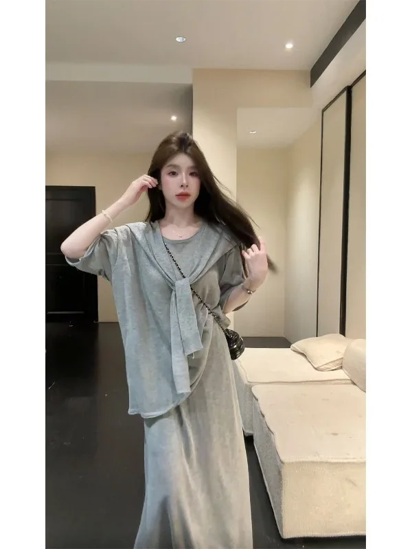 Summer 2026 Lazy Style Loose Short Sleeve Top And Half Skirt Three Piece Set High Waist Loose Fit Overhead Korean Version
Summer 2026 Lazy Style Loose Short Sleeve Top And Half Skirt Three Piece Set High Waist Loose Fit Overhead Korean Version