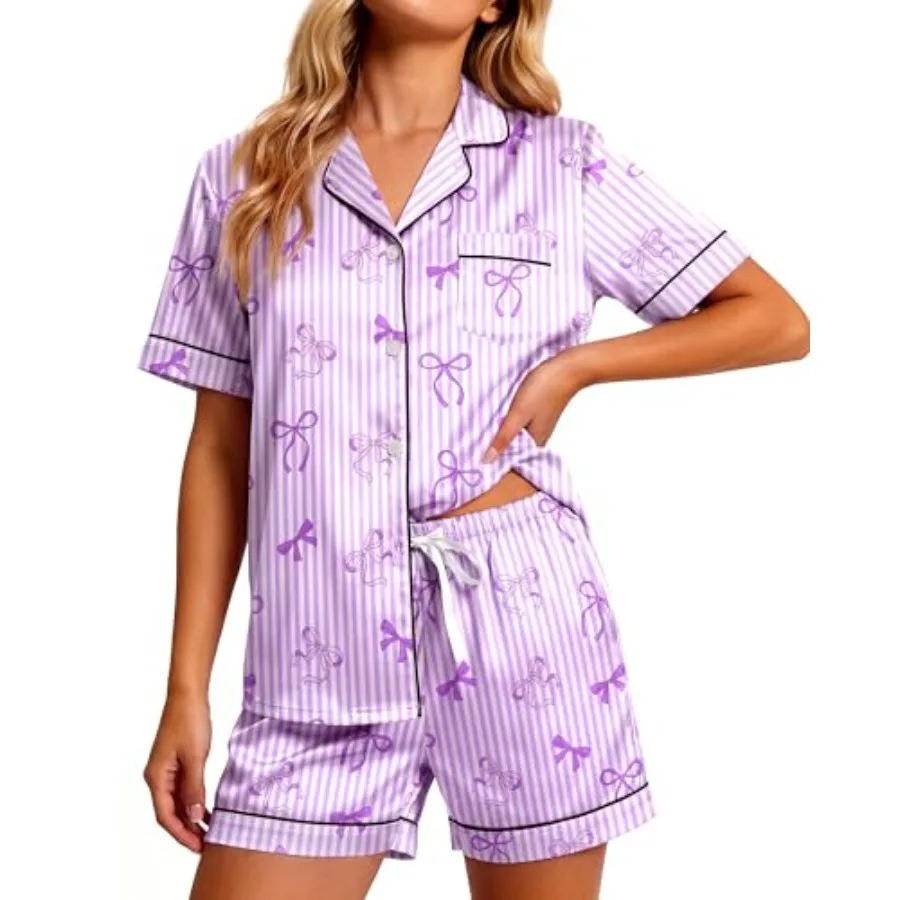 Womens Silk Satin Pajamas Set Short Sleeve Nightwear Soft Button Down 2 Pcs Shorts Sets Notch Collar Loungewear
Womens Silk Satin Pajamas Set Short Sleeve Nightwear Soft Button Down 2 Pcs Shorts Sets Notch Collar Loungewear