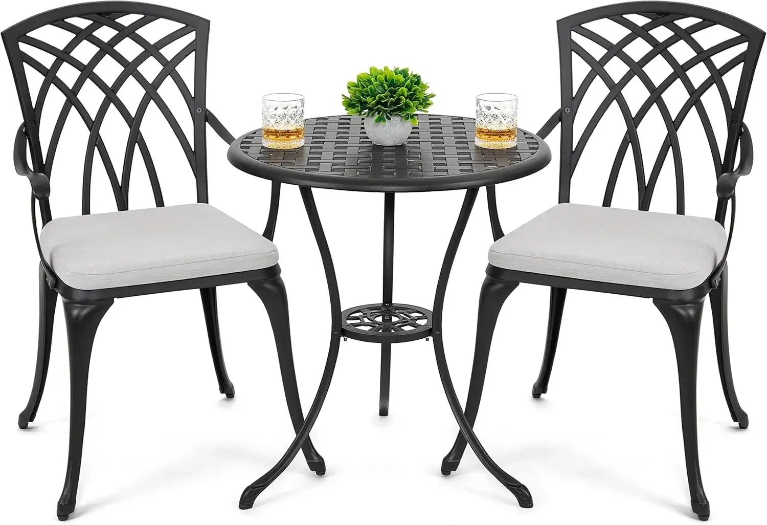 Outdoor Cast Aluminum Bistro Set Patio Table Two Chairs Gray Cushions Umbrella Hole Black
Outdoor Cast Aluminum Bistro Set Patio Table Two Chairs Gray Cushions Umbrella Hole Black