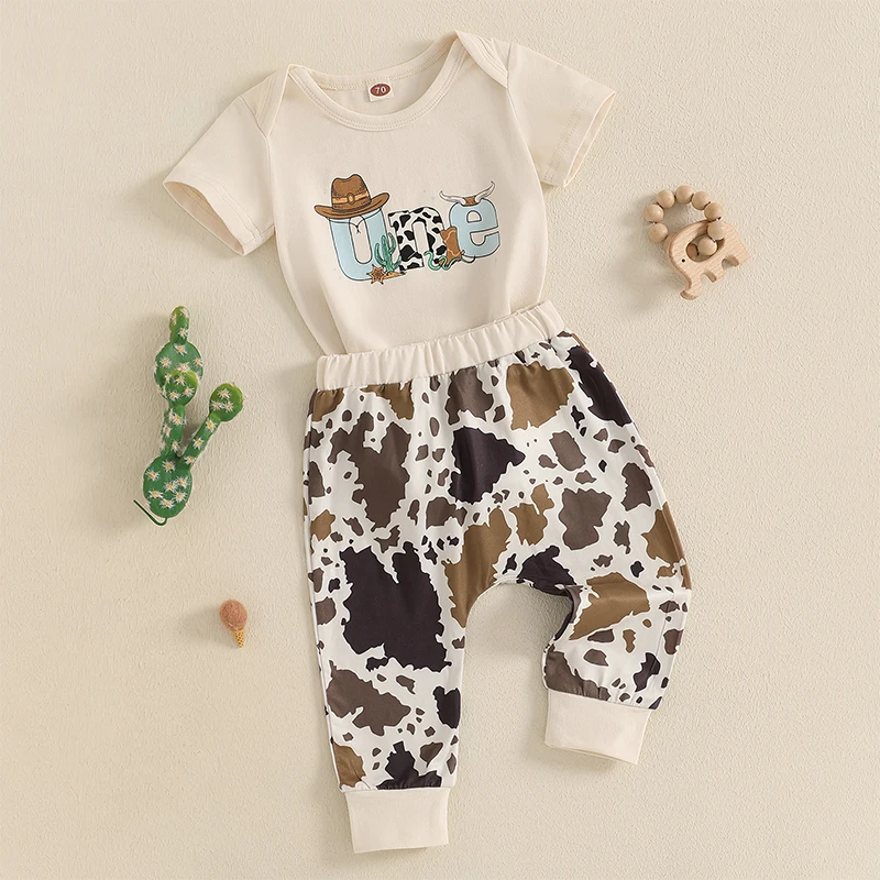 Infant Baby Boy First Birthday Outfit Letter Short Sleeve Romper Cow Spot Elastic Waist Pants 2 Piece Western Set
Infant Baby Boy First Birthday Outfit Letter Short Sleeve Romper Cow Spot Elastic Waist Pants 2 Piece Western Set