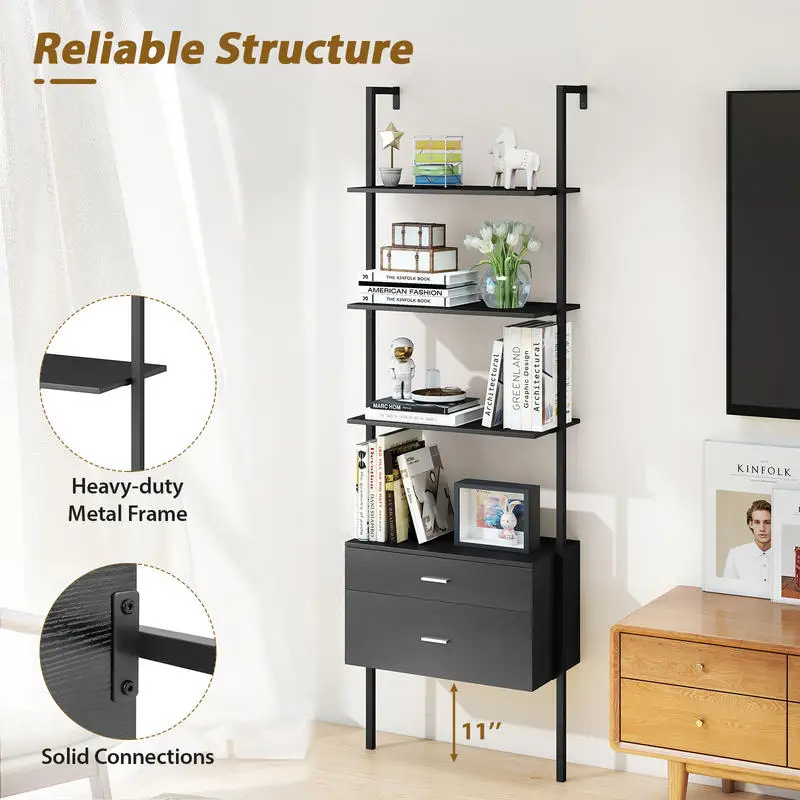 6-Tier Ladder Bookcase with 2 Drawers and Metal Frame-Black
6-Tier Ladder Bookcase with 2 Drawers and Metal Frame-Black