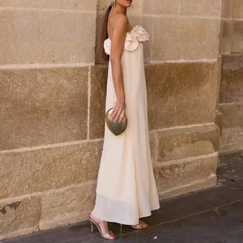 Summer One Line Neck Flower Decorate Long Dress Solid Sleeveless Backless Slim Dress Elegant Sexy Female Beach Style Party Robe
Summer One Line Neck Flower Decorate Long Dress Solid Sleeveless Backless Slim Dress Elegant Sexy Female Beach Style Party Robe