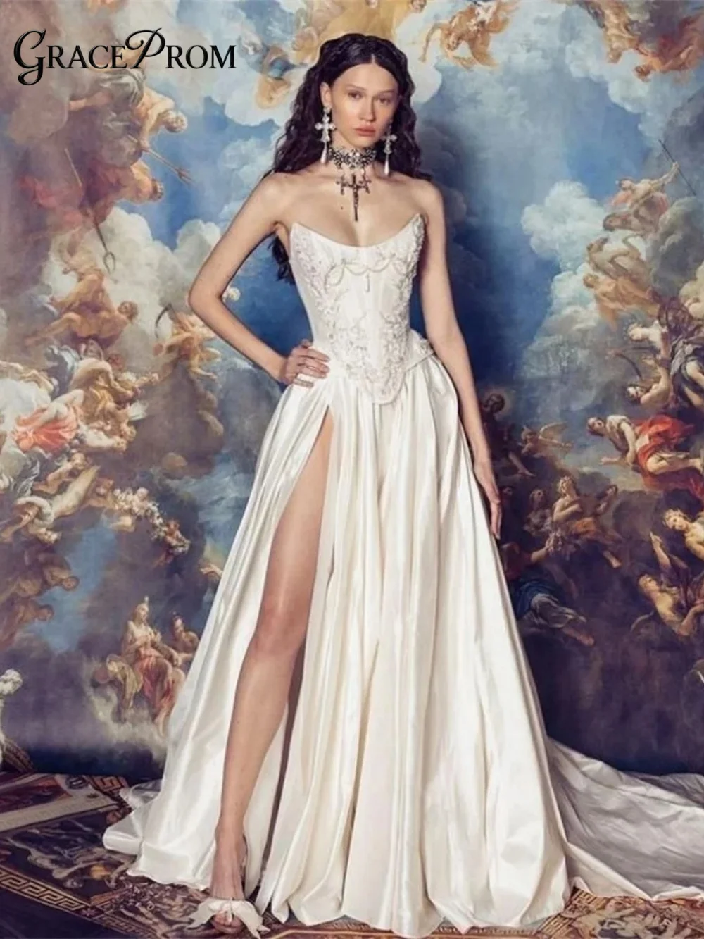 Romantic White Strapless Sweetheart Wedding Dress 2026 High Side Split A Line Bridal Gown Lace Up Back Bridal Dress for Brides
Romantic White Strapless Sweetheart Wedding Dress 2026 High Side Split A Line Bridal Gown Lace Up Back Bridal Dress for Brides