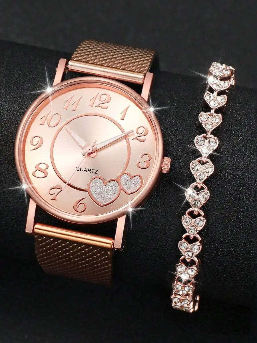 Rose Gold Tone Quartz Watch With Heart Dial And Crystal Heart Bracelet Set
Rose Gold Tone Quartz Watch With Heart Dial And Crystal Heart Bracelet Set