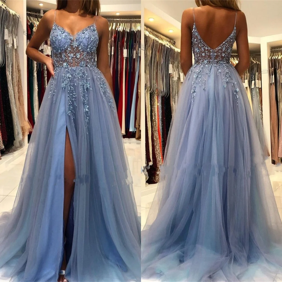 Tulle V-neck A-line Prom Dresses Spaghetti Straps High Split Backless Floor-Length Party Dress Appliques Luxury Evening Gowns
Tulle V-neck A-line Prom Dresses Spaghetti Straps High Split Backless Floor-Length Party Dress Appliques Luxury Evening Gowns
