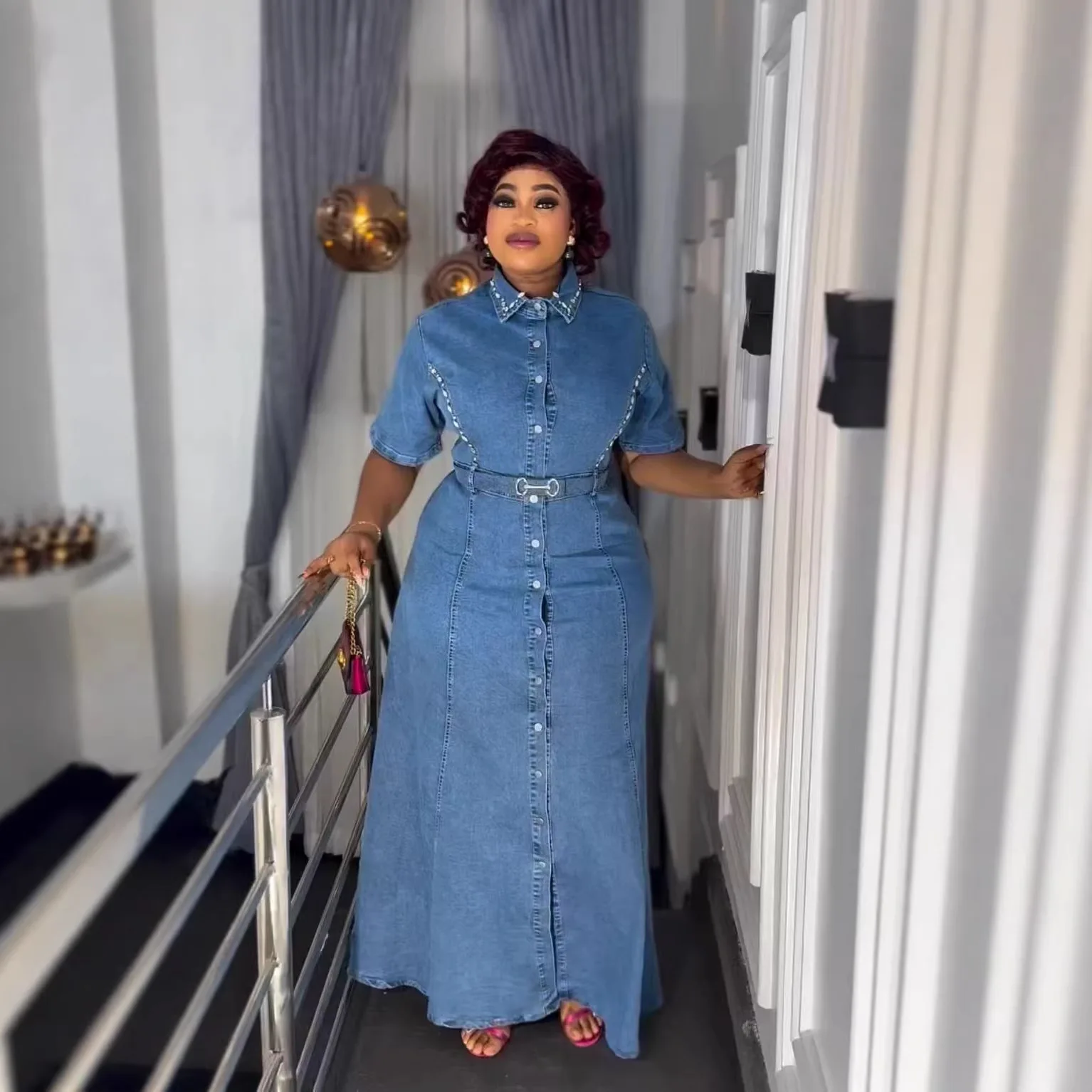 Summer Diamond Lapel Denim Dress Short Sleeved Cinched Waist Tie up Long Shirt Skirt Hot New
Summer Diamond Lapel Denim Dress Short Sleeved Cinched Waist Tie up Long Shirt Skirt Hot New