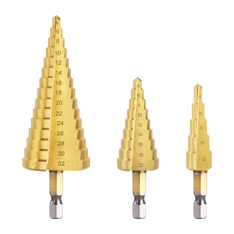 Step Drill Set 3-12mm 4-12mm 4-20mm HSS Titanium Step Drill Bit Stage Drills High Speed Stepped Drill Set Cone Power Tools Kit
Step Drill Set 3-12mm 4-12mm 4-20mm HSS Titanium Step Drill Bit Stage Drills High Speed Stepped Drill Set Cone Power Tools Kit