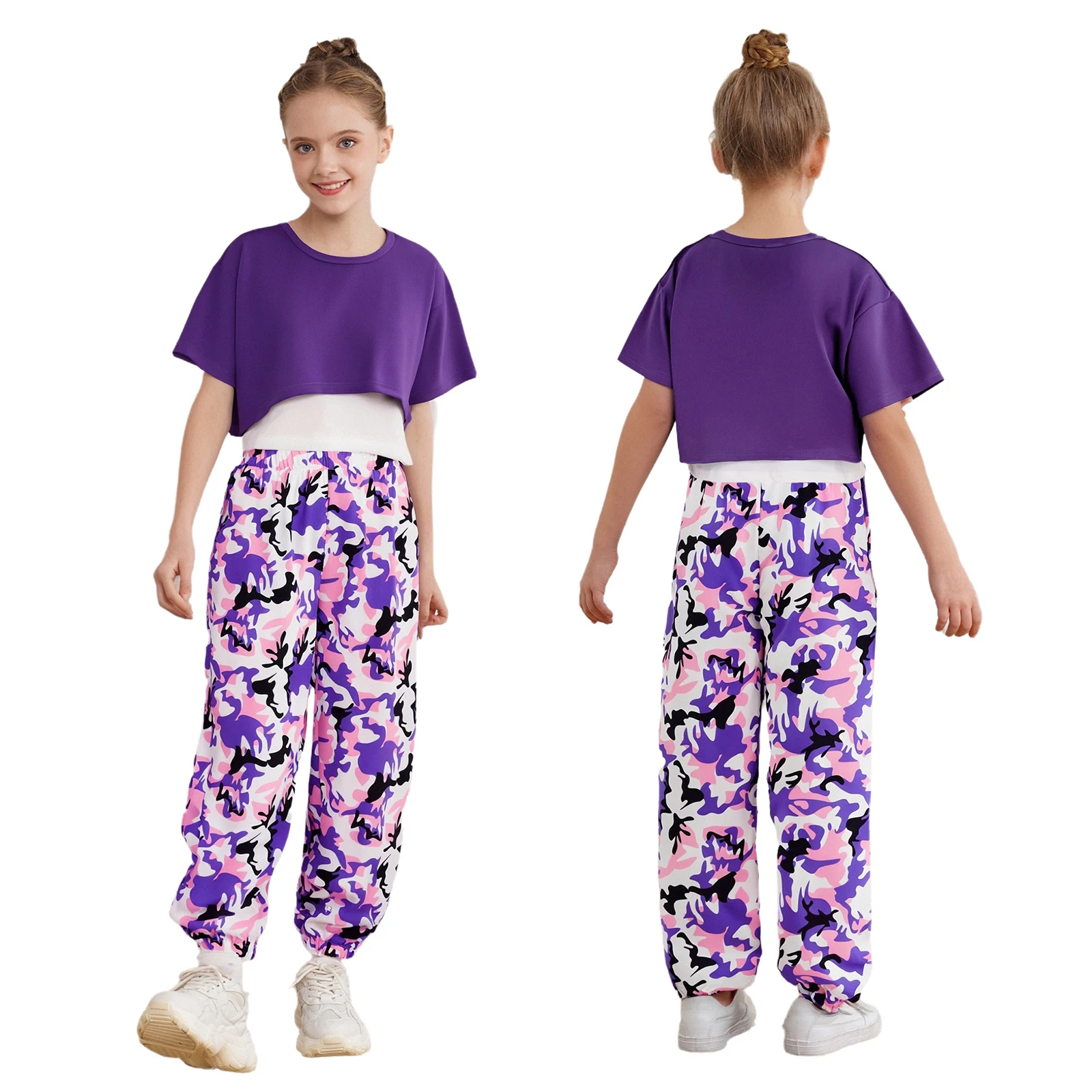 Kids Girls 3-Piece Outfit for Workout Hip-Hop Short Sleeve Asymmetrical Hem Crop Top+Letter Printed Camisole+Camouflage Pants 
Kids Girls 3-Piece Outfit for Workout Hip-Hop Short Sleeve Asymmetrical Hem Crop Top+Letter Printed Camisole+Camouflage Pants