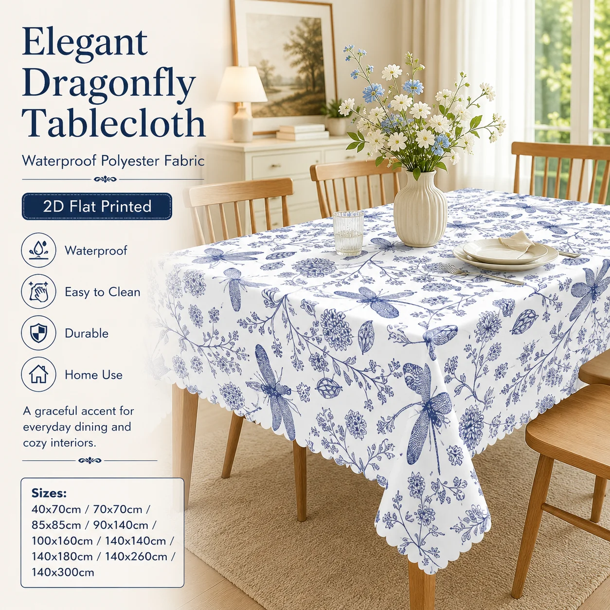 Elegant Blue Dragonfly Waterproof Polyester Tablecloth 2D Flat Printed Floral Table Cover For Dining Room Kitchen Home Decor
Elegant Blue Dragonfly Waterproof Polyester Tablecloth 2D Flat Printed Floral Table Cover For Dining Room Kitchen Home Decor