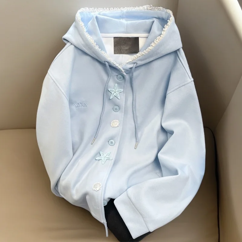 Korean Sle Unique Beautiful Lace Trim Hoodie Women's Loose Lazy Sle Milk Blue Button Cardigan Coat Spring Initial
Korean Sle Unique Beautiful Lace Trim Hoodie Women's Loose Lazy Sle Milk Blue Button Cardigan Coat Spring Initial