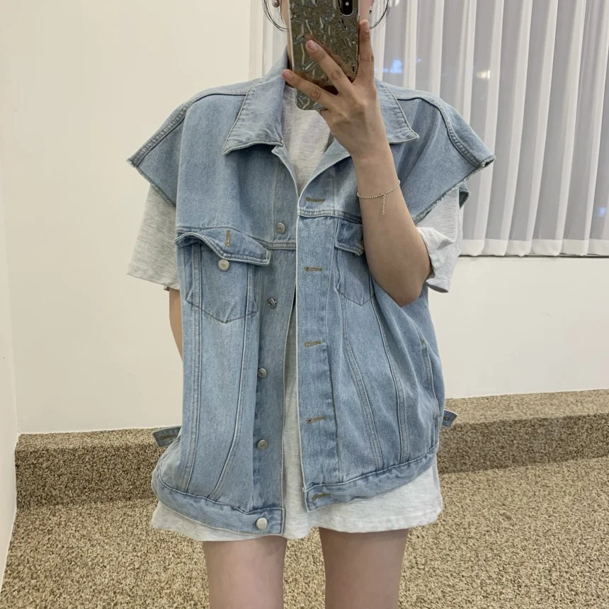 Retro Collar Loose Fit Denim Vest Women's Svel Ne ket Detail Cotton Blend Casual Sle Summer Top
Retro Collar Loose Fit Denim Vest Women's Svel Ne ket Detail Cotton Blend Casual Sle Summer Top