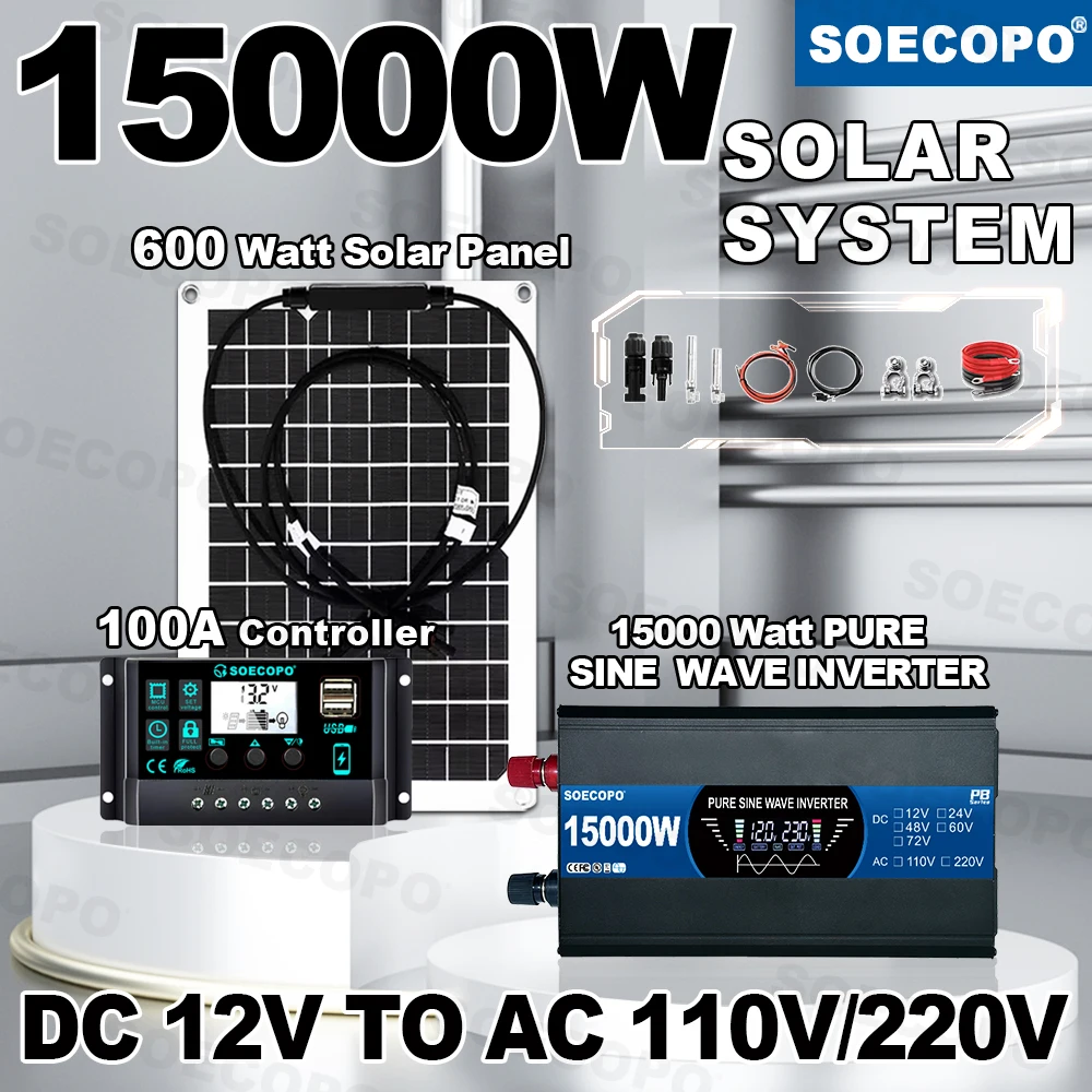 Pure Sine Wave Inverter 15000W Solar System Kit 100A Controller 110/220V Flexible Panel Stable Output for RV Boat Remote Work