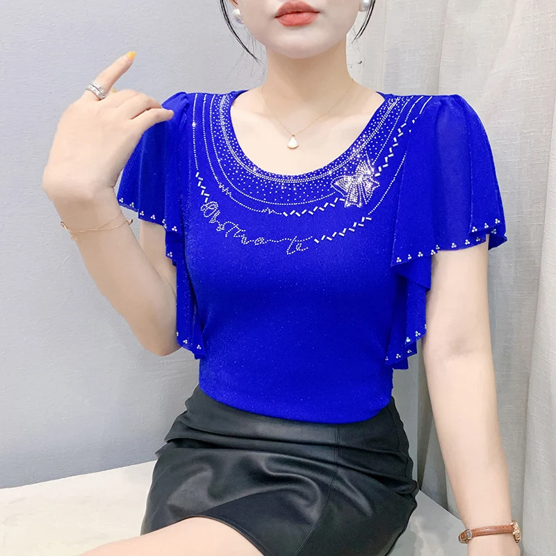 Korean Fashion Women Clothes Summer Diamond Shirt Round Neck Mesh Tops Flying Sleeve Bright Silk T Shirt
Korean Fashion Women Clothes Summer Diamond Shirt Round Neck Mesh Tops Flying Sleeve Bright Silk T Shirt