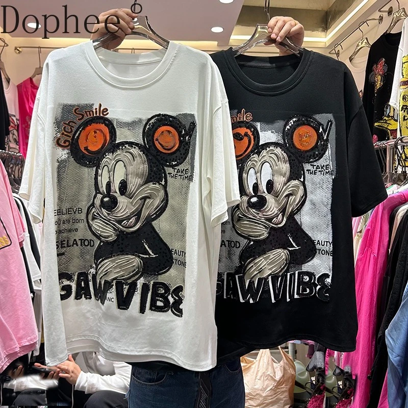 Fashionable Sequins Mickey Short Sleeve T-shirt New Summer Mid-long O-neck Pullover Top All-match Casual Women Basic Cotton Tees
Fashionable Sequins Mickey Short Sleeve T-shirt New Summer Mid-long O-neck Pullover Top All-match Casual Women Basic Cotton Tees