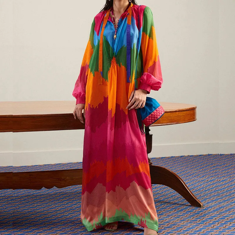 Ladies Stand Collar Colorful Printed Loose Dress Fashion High Waist Pleated Bohemian Dress New Lantern Sleeve Autumn Long Dress
Ladies Stand Collar Colorful Printed Loose Dress Fashion High Waist Pleated Bohemian Dress New Lantern Sleeve Autumn Long Dress
