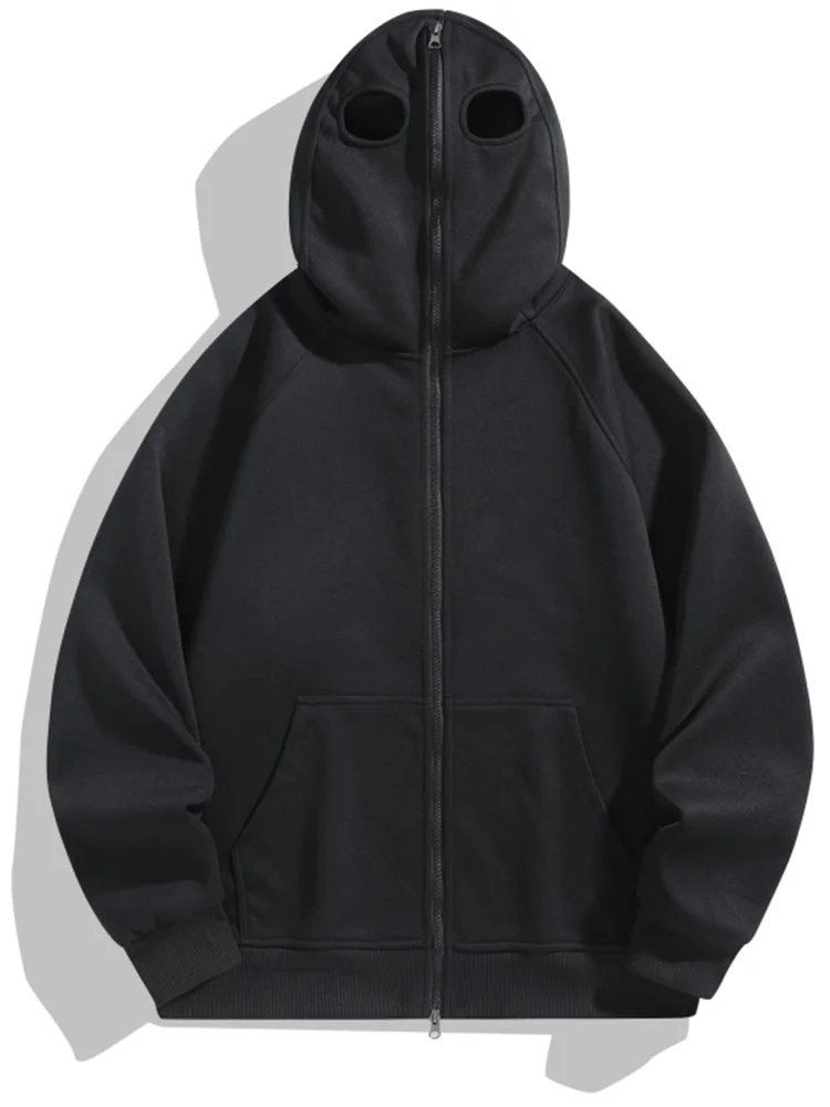 Черная толстовка на молнии с отверстиями для глаз на капюшоне
Черная толстовка на молнии с отверстиями для глаз на капюшоне