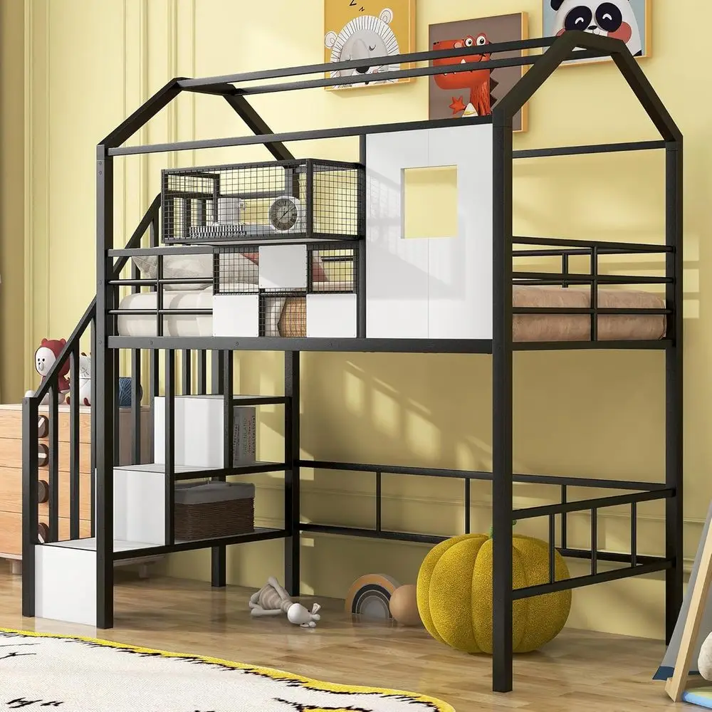 Twin Size House Loft Bed with Stairs and Storage, Heavy-Duty Metal Princess Loft Bed Frame with Storage Box and Safety Rail for Girls Kids Teens, Black
Twin Size House Loft Bed with Stairs and Storage, Heavy-Duty Metal Princess Loft Bed Frame with Storage Box and Safety Rail for Girls Kids Teens, Black