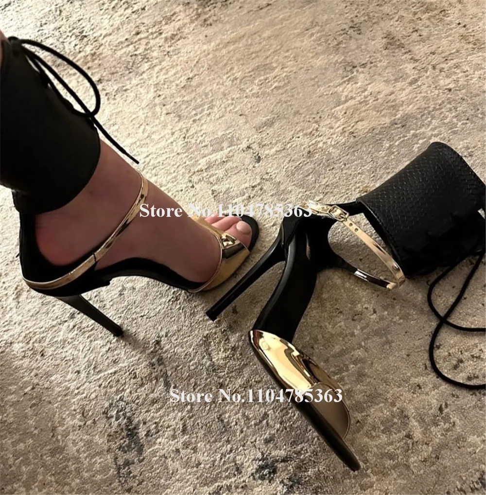 Sexy Gold Straps Patchwork Black Leather Stiletto Heel Gladiator Sandals Open Toe Ankle Wrap Lace-up Thin Heel Party Heels
Sexy Gold Straps Patchwork Black Leather Stiletto Heel Gladiator Sandals Open Toe Ankle Wrap Lace-up Thin Heel Party Heels