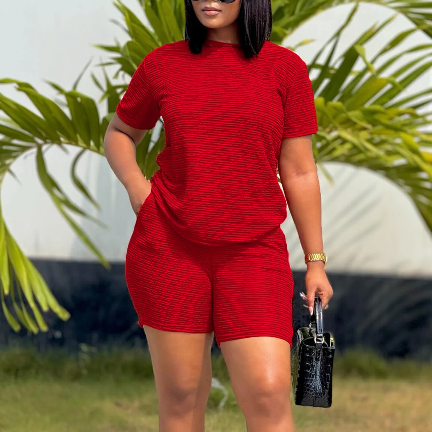 Solid Ribbed Textured Two Piece Set Summer Women Crew Neck Short Sleeve Tee High Waist Bodycon Shorts Casual Loungewear Set
Solid Ribbed Textured Two Piece Set Summer Women Crew Neck Short Sleeve Tee High Waist Bodycon Shorts Casual Loungewear Set