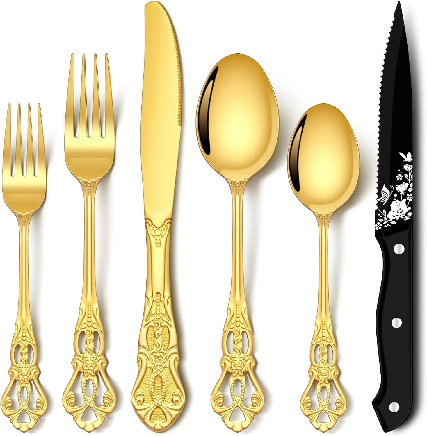 48 Pcs Retro Gold Silverware Set with Steak Knives, Stainless Steel Cutlery for 8, Mirror Flatware Set, Dishwasher Safe
48 Pcs Retro Gold Silverware Set with Steak Knives, Stainless Steel Cutlery for 8, Mirror Flatware Set, Dishwasher Safe