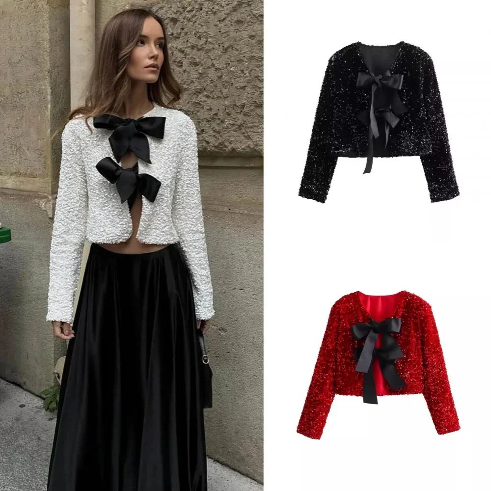 Fashion Holiday Tie-front Sequined Jacket for Women Y2K Shiny Chic Cropped Coat Female Elegant Long Sleeve Lady Party Outerwear
Fashion Holiday Tie-front Sequined Jacket for Women Y2K Shiny Chic Cropped Coat Female Elegant Long Sleeve Lady Party Outerwear