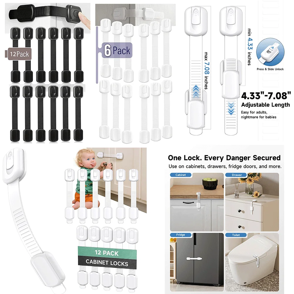 12 Pack Cabinet Safety Locks, 3M Adhesive No Drill Latches, Heavy Duty Home Security for Drawers,Cupboards,Fridge,Pet Protection
12 Pack Cabinet Safety Locks, 3M Adhesive No Drill Latches, Heavy Duty Home Security for Drawers,Cupboards,Fridge,Pet Protection