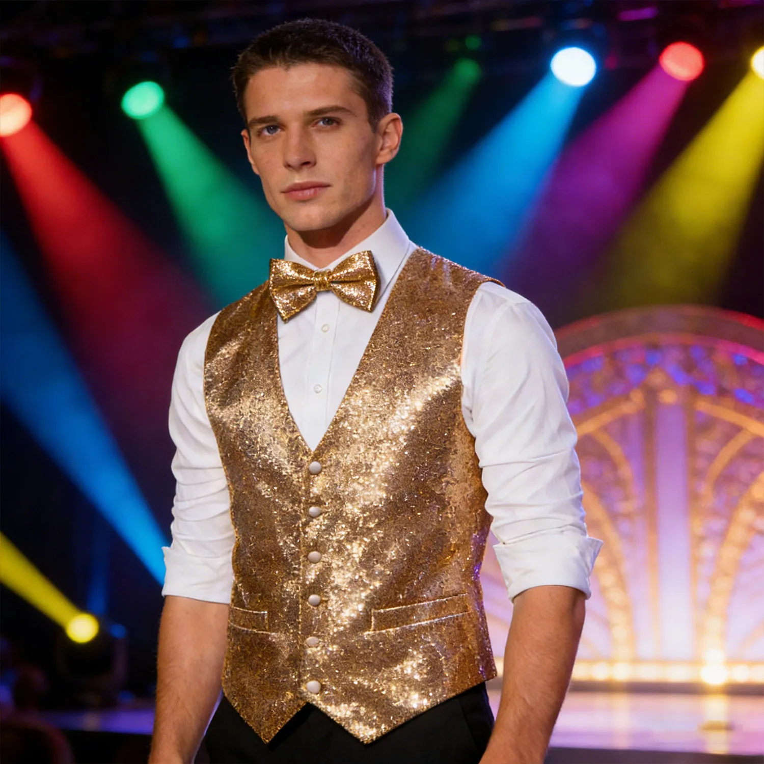 Блестящий золотисто-зелено-красный жилет с пайетками и галстуком-бабочкой для мужчин – идеально подходит для выступлений на сцене, свадеб и торжественных мероприятий.
Блестящий золотисто-зелено-красный жилет с пайетками и галстуком-бабочкой для мужчин – идеально подходит для выступлений на сцене, свадеб и торжественных мероприятий.