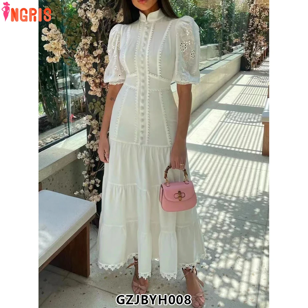 Elegant summer dress solid color lace stand collar retro clothing summer long solid color-GZJBYH008
Elegant summer dress solid color lace stand collar retro clothing summer long solid color-GZJBYH008