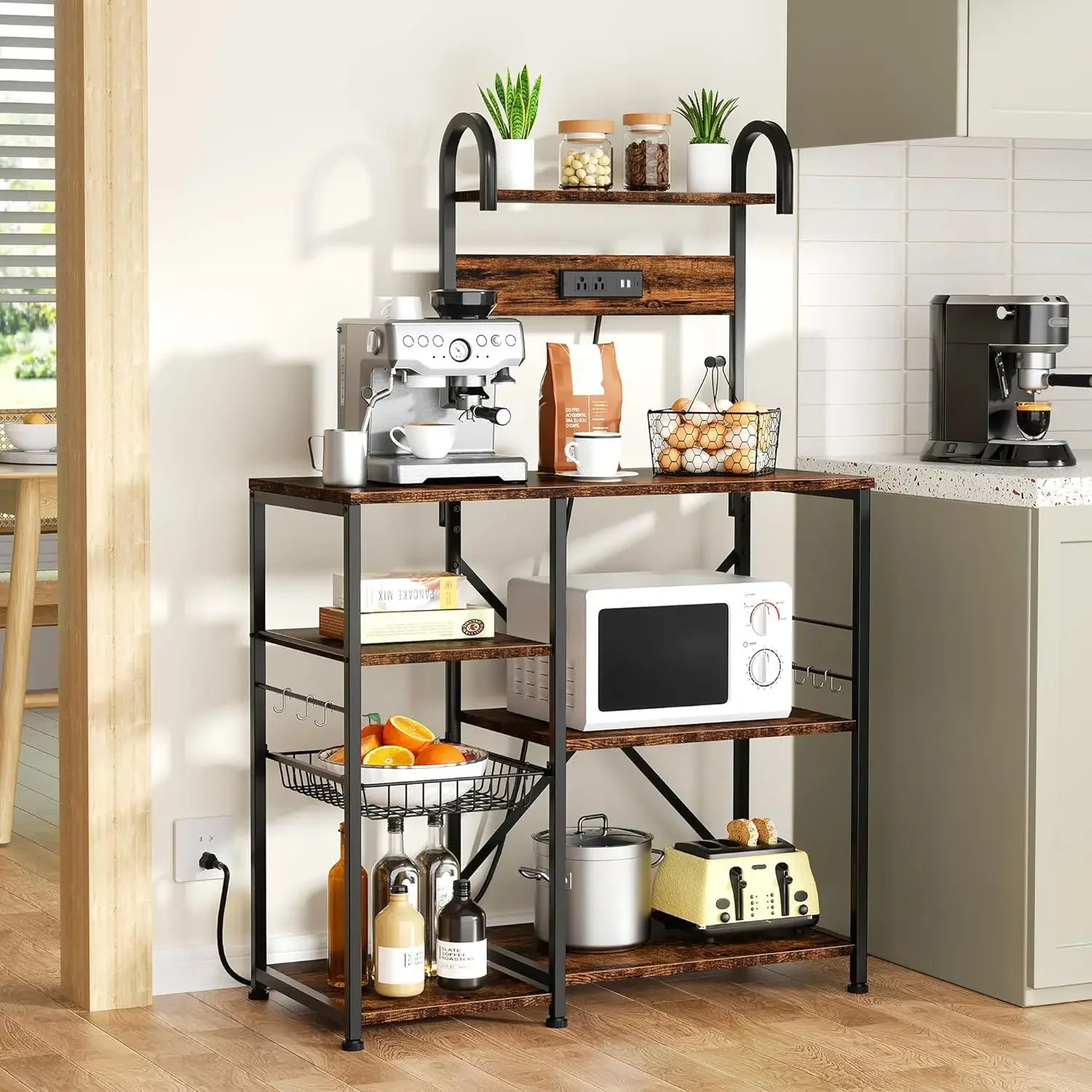 Bakers Rack with Power Outlet, Microwave Stand, Kitchen Storage Shelf with 6 Hooks, Coffee Bar Station with Wire Basket
Bakers Rack with Power Outlet, Microwave Stand, Kitchen Storage Shelf with 6 Hooks, Coffee Bar Station with Wire Basket
