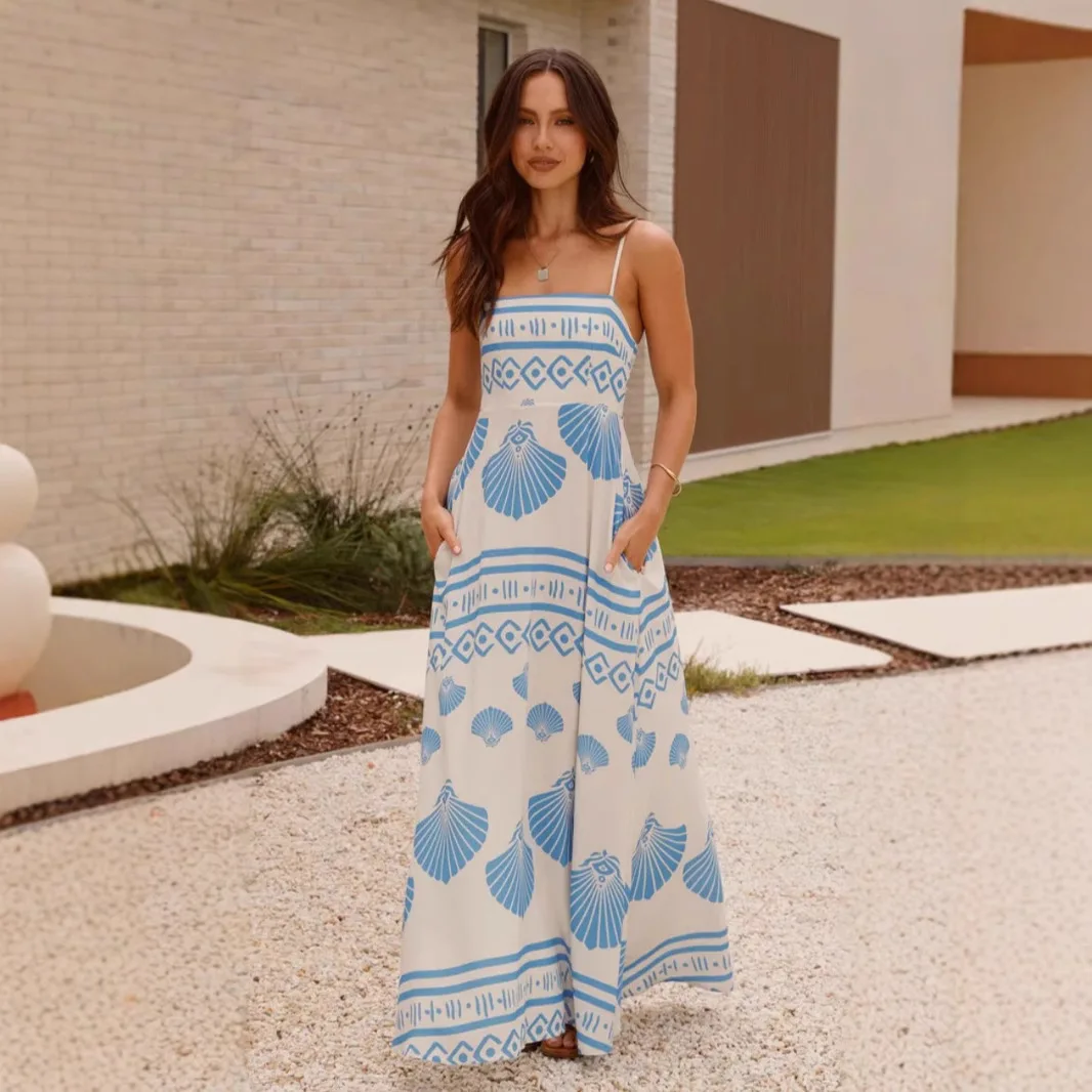 2025 Summer New Sexy Spaghetti Strape Long Dresses For Women Fashion Shell Print With Pocket Backless Dress Boho Beach Dress
2025 Summer New Sexy Spaghetti Strape Long Dresses For Women Fashion Shell Print With Pocket Backless Dress Boho Beach Dress