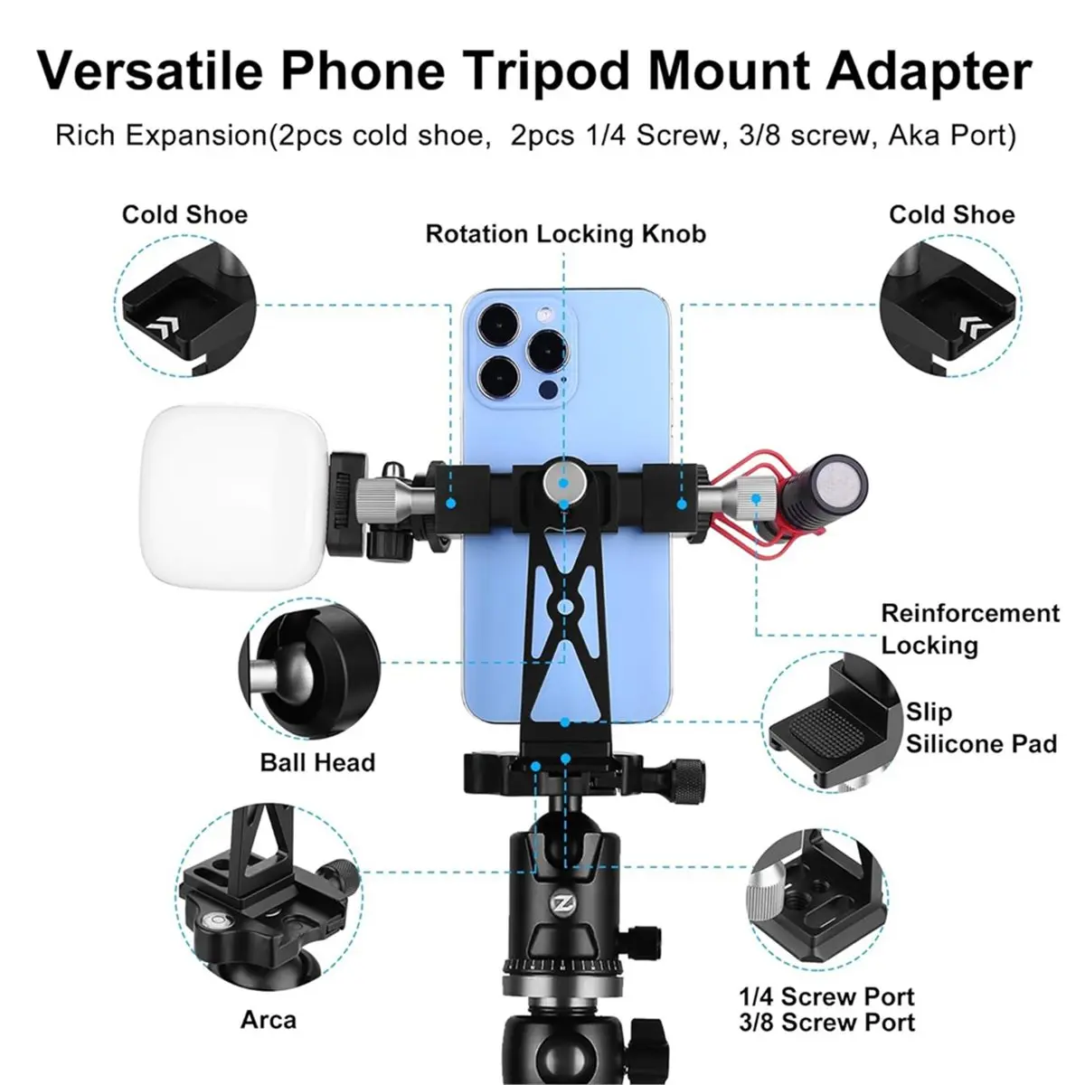 AT33 Metal Phone Tripod Mount with Arca Prot Cold Shoe 360° Ball Head Cellphone Tripod Adapter
AT33 Metal Phone Tripod Mount with Arca Prot Cold Shoe 360° Ball Head Cellphone Tripod Adapter