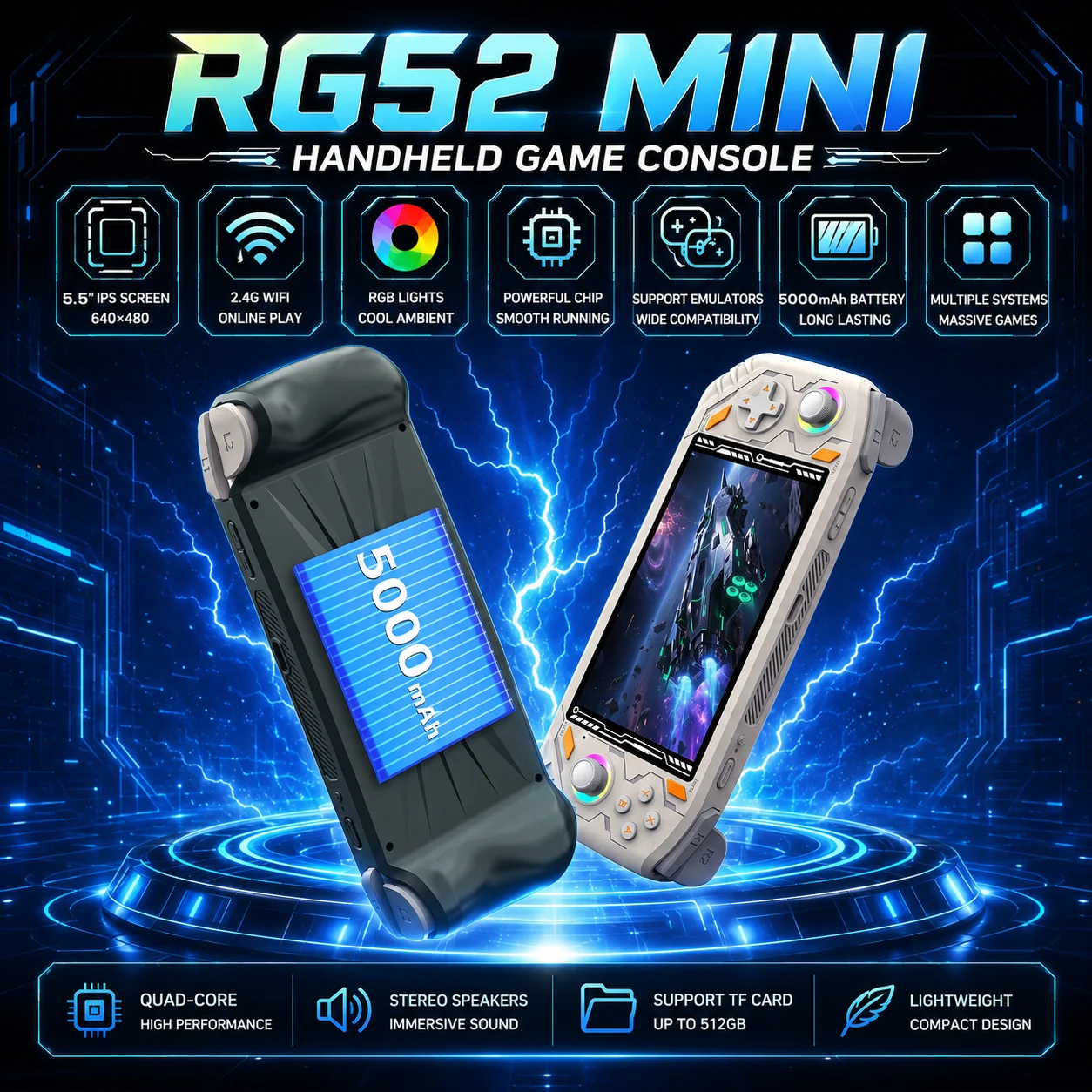 RG52 MINI Handheld Game Console 5.5 Inch IPS Screen RK3562 Quad Core 2GB RAM 2.4G WiFi HDMI Output Retro Portable Game Player
RG52 MINI Handheld Game Console 5.5 Inch IPS Screen RK3562 Quad Core 2GB RAM 2.4G WiFi HDMI Output Retro Portable Game Player