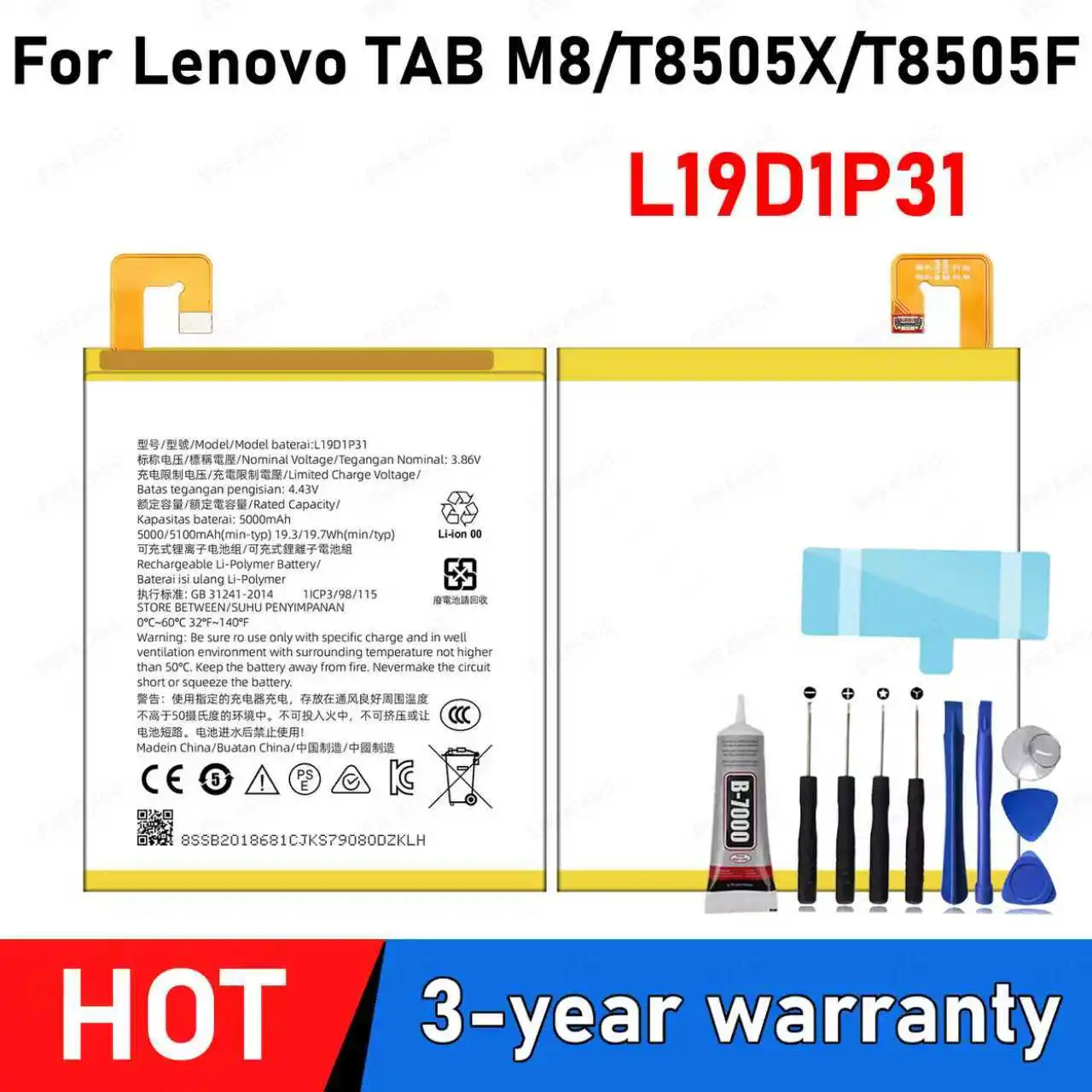 100% New high Capacity Battery L19D1P31 For lenovo TAB M8 /T8505X Batteries+ Free Tools 
100% New high Capacity Battery L19D1P31 For lenovo TAB M8 /T8505X Batteries+ Free Tools