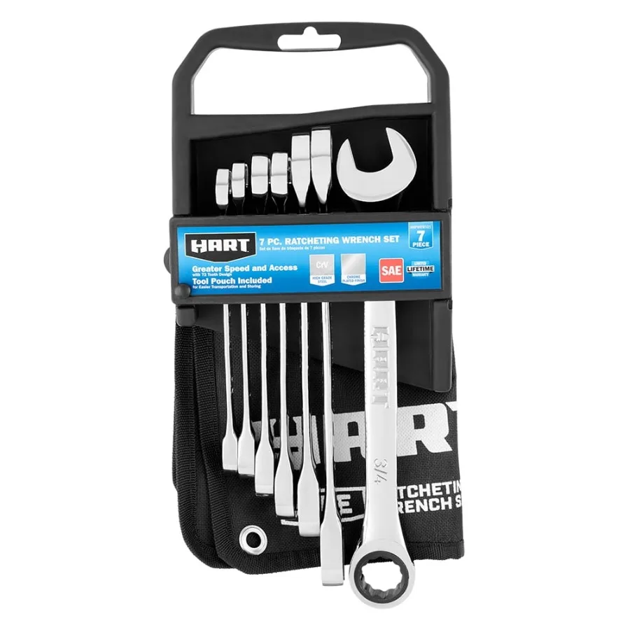 7-Piece SAE Ratcheting Wrench Set for automotive repair, chrome vanadium steel, silver, quick-turn ratchet mechanism
7-Piece SAE Ratcheting Wrench Set for automotive repair, chrome vanadium steel, silver, quick-turn ratchet mechanism