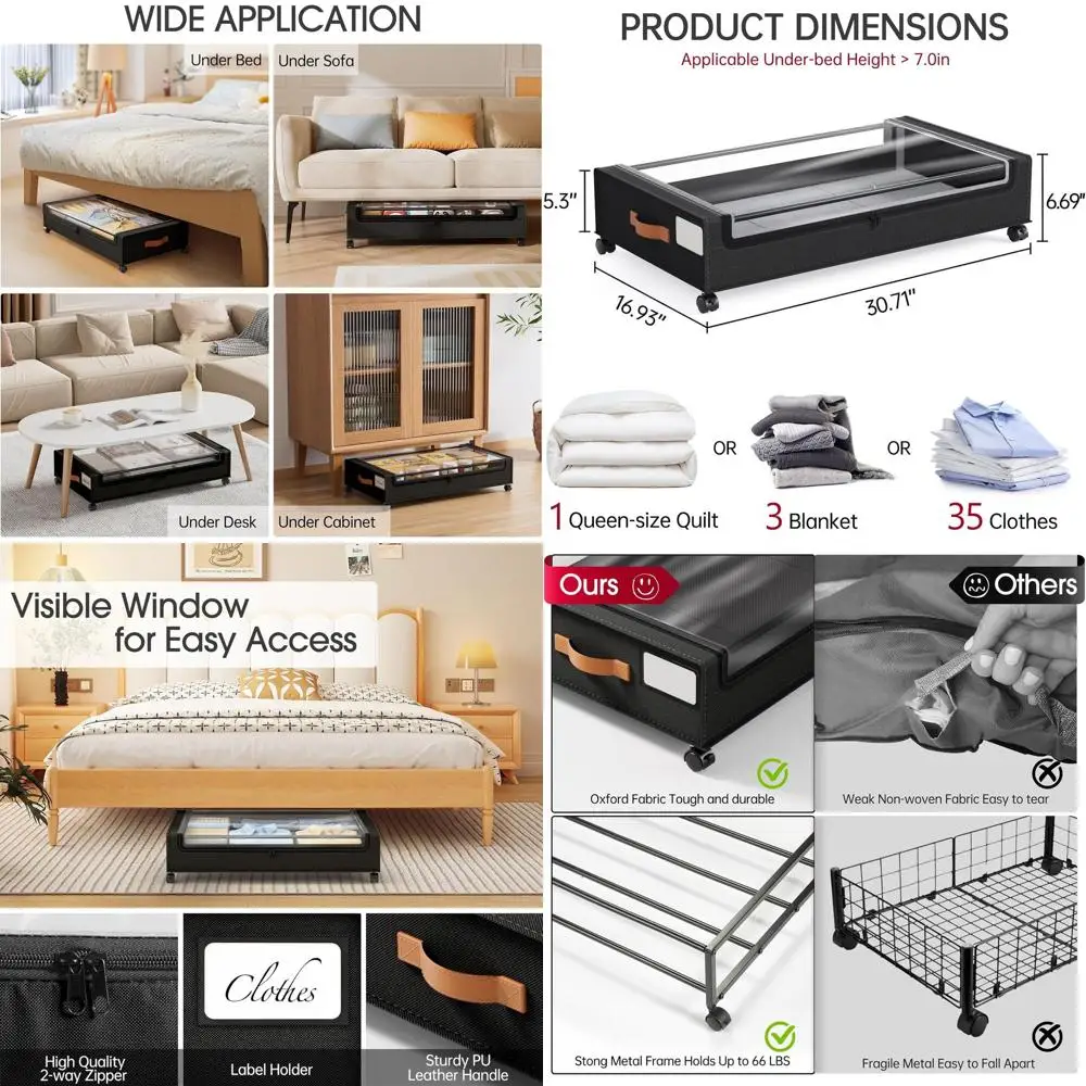 Large Rolling Under-Bed Storage Bins with Clear Lid, Wheels, and Label for Clothes, Blankets, Books
Large Rolling Under-Bed Storage Bins with Clear Lid, Wheels, and Label for Clothes, Blankets, Books