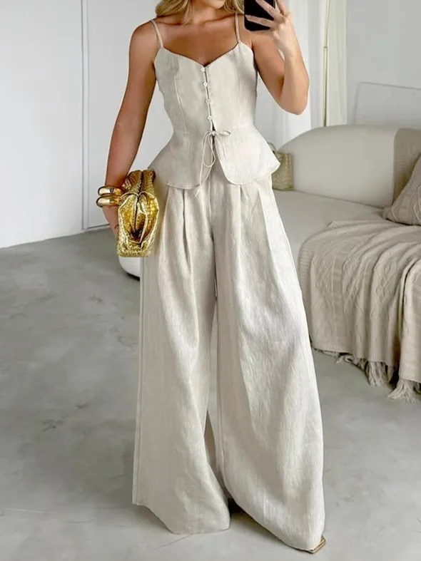 Summer Women's Clothing Two Piece Set Tank Top High Waist Wide Leg Long Pants For Woman Cotton Solid Elegant Office Outfit
Summer Women's Clothing Two Piece Set Tank Top High Waist Wide Leg Long Pants For Woman Cotton Solid Elegant Office Outfit