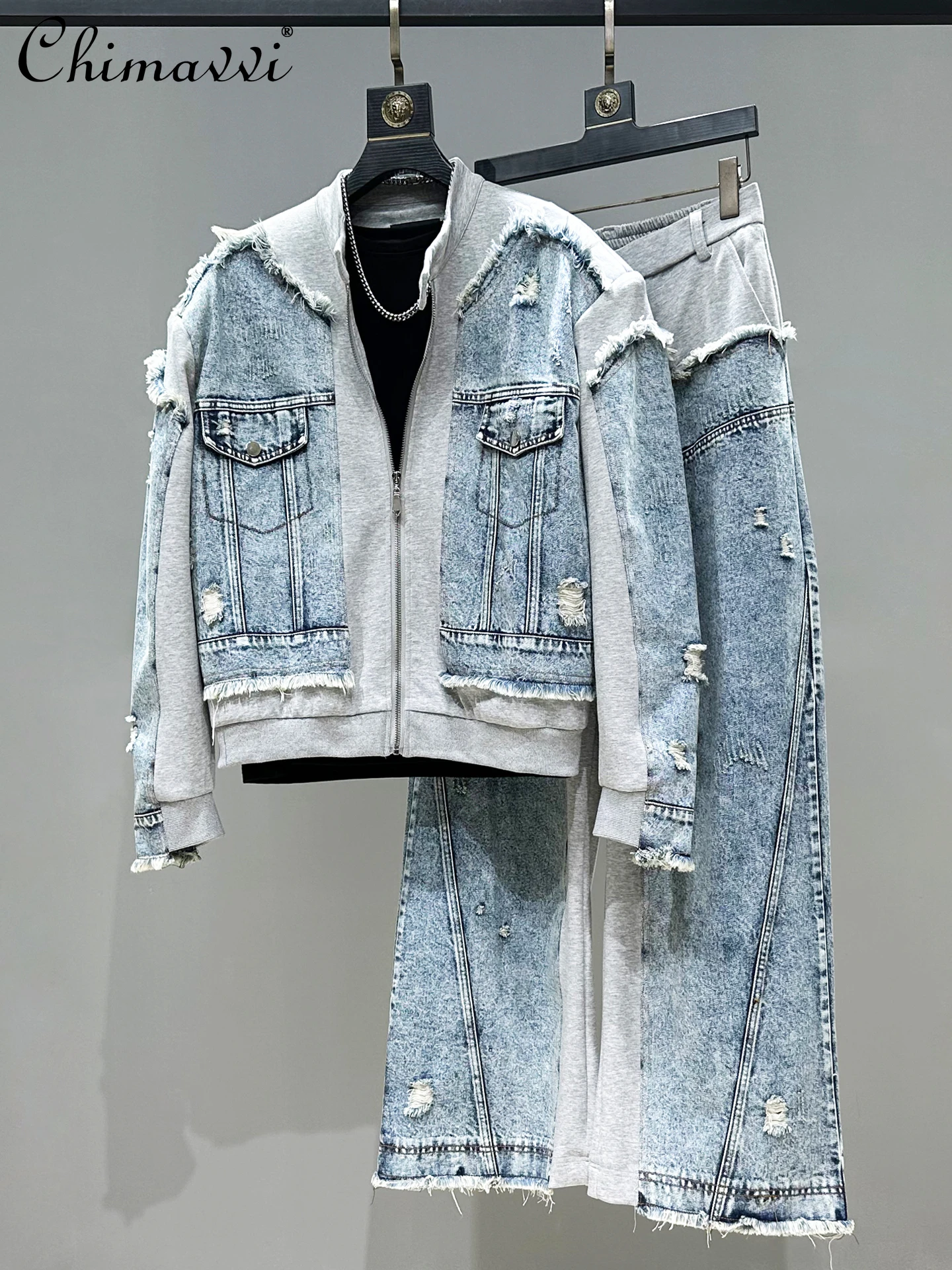Fashion Casual Men's Denim Patchwork Jacket Set Loose Zipper Jackets Coat High Waist Wide Leg Pants Two-Piece Set Mens Autumn
Fashion Casual Men's Denim Patchwork Jacket Set Loose Zipper Jackets Coat High Waist Wide Leg Pants Two-Piece Set Mens Autumn