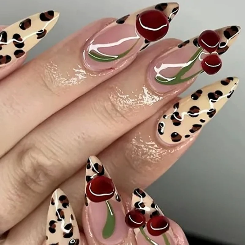 Cute Cherry Leopard Print Fake Nails Art Polka Dot Almond False Nails Charms Bowknot Pearl French Long Pointed Press on Nails
Cute Cherry Leopard Print Fake Nails Art Polka Dot Almond False Nails Charms Bowknot Pearl French Long Pointed Press on Nails