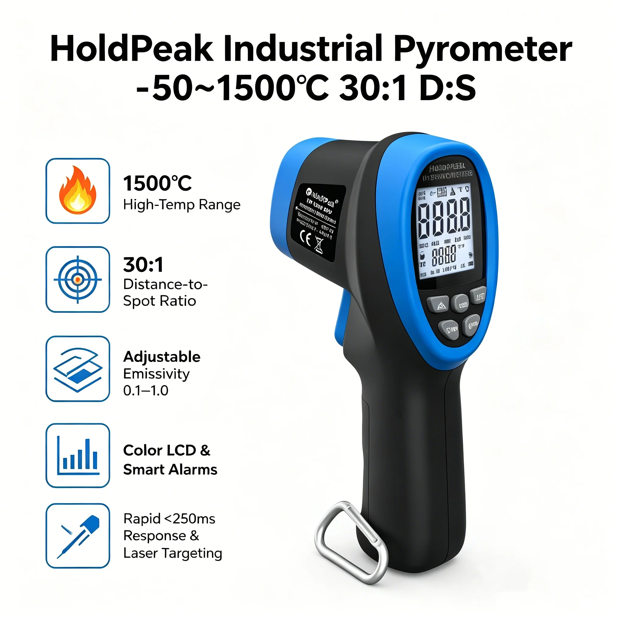 HoldPeak Industrial Pyrometer -50~1500℃ 30:1 D:S Color LCD DIF Alarm MAX/MIN Smelting Cast Furnace High Prec Calibrated
HoldPeak Industrial Pyrometer -50~1500℃ 30:1 D:S Color LCD DIF Alarm MAX/MIN Smelting Cast Furnace High Prec Calibrated