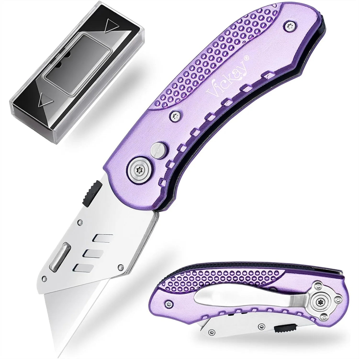 Folding Utility Knife Box Cutter with 5 SK5 Blades, Safety Lock Design Razor Knife, Lightweight Aluminum Handle with Belt Clip
Folding Utility Knife Box Cutter with 5 SK5 Blades, Safety Lock Design Razor Knife, Lightweight Aluminum Handle with Belt Clip