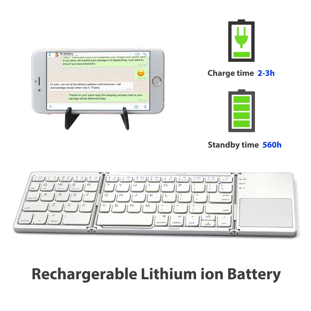 Triple fold touchpad, wireless Bluetooth, foldable mini keyboard, tablet, mobile phone, laptop for use
Triple fold touchpad, wireless Bluetooth, foldable mini keyboard, tablet, mobile phone, laptop for use