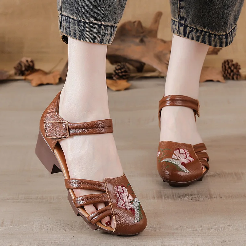 New mid heels sandals woman summer genuine leather shoes for women embroidered floral sandal retro heeled shoes hook loop pumps
New mid heels sandals woman summer genuine leather shoes for women embroidered floral sandal retro heeled shoes hook loop pumps