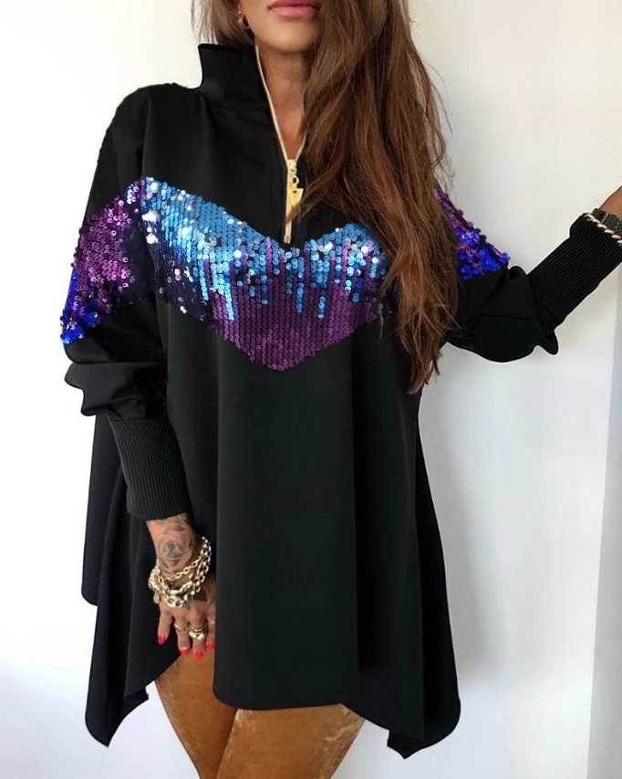 Women's fashion new long sleeved top with contrasting sequins stand up collar zipper design, retro minimalist long sleeved top
Women's fashion new long sleeved top with contrasting sequins stand up collar zipper design, retro minimalist long sleeved top