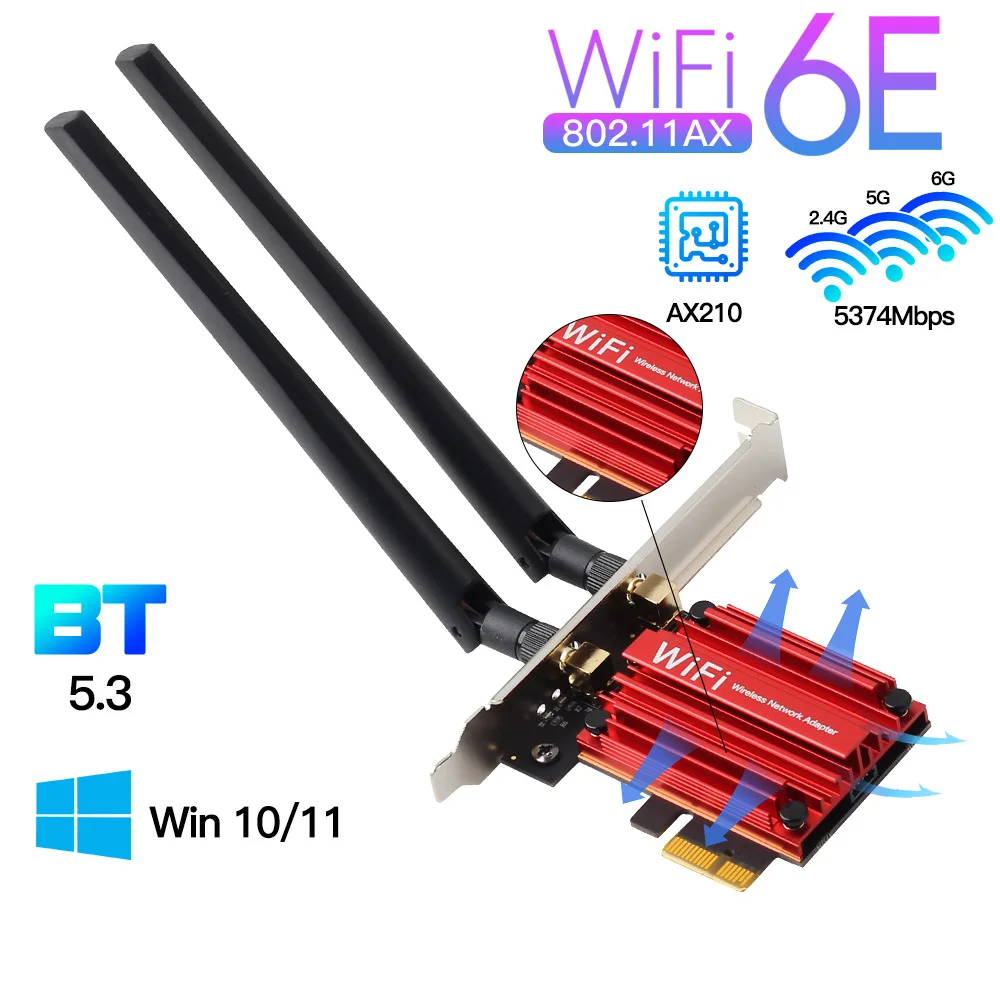 WiFi 6E 5400Mbps PCIe Wifi Adapter AX210 Wireless Network Card AXE3000 BT5.3 2.4/5/6GHz 5374Mbps MU-MIMO 802.11ax For Win 10/11
WiFi 6E 5400Mbps PCIe Wifi Adapter AX210 Wireless Network Card AXE3000 BT5.3 2.4/5/6GHz 5374Mbps MU-MIMO 802.11ax For Win 10/11